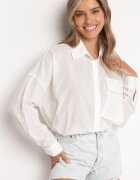 miss poem Cămașă Albă din Bumbac cu Spate mai Lung cu Buzunar Decorativ și Elastic Ralena