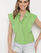 miss poem Cămașă Verde deschisă fără mâneci din Viscoză cu Pliuri decorative și Fante Cremelia
