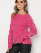miss poem Pulover Fucsia cu Decolteu Bărcuță și Decupaje Decorative cu Nasturi la Mâneci Dorita