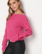 miss poem Pulover Fucsia cu Decolteu Bărcuță și Decupaje Decorative cu Nasturi la Mâneci Dorita