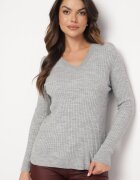 miss poem Pulover Gri cu Decolteu Triunghiular din Tricot Reiat