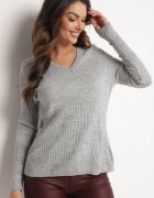 miss poem Pulover Gri cu Decolteu Triunghiular din Tricot Reiat
