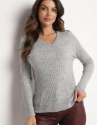 miss poem Pulover Gri cu Decolteu Triunghiular din Tricot Reiat