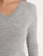 miss poem Pulover Gri cu Decolteu Triunghiular din Tricot Reiat