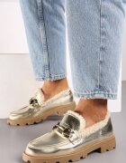  Mocasini Aurii Plati Decorați cu Cataramă și Blană Artificială Lerilena