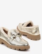  Mocasini Aurii Plati Decorați cu Cataramă și Blană Artificială Lerilena