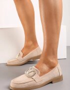  Mocasini Bej închis din eco-piele întoarsă decorați cu cataramă cu zirconii Piorelli