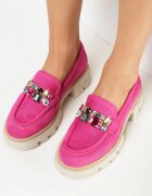  Mocasini Fucsia cu Talpă Groasă cu Branț din Piele Naturală Kairie