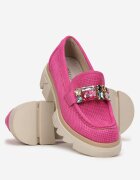  Mocasini Fucsia cu Talpă Groasă cu Branț din Piele Naturală Kairie
