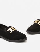  Mocasini negri din piele întoarsă ecologică cu cataramă metalică Sanile