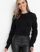 moni&co Pulover Negru cu Lână și Bumbac Decorat cu Împletitură Plușată Karada