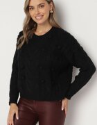 moni&co Pulover Negru cu Vâscoză și Lână cu Aplicație 3D și Embosare Vaishira