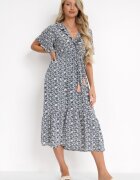 moni&co Rochie bleumarin cu elastic în talie și decolteu petrecut cu volane Kyphine