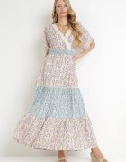 moni&co Rochie Fioletovo-Albastră Evazată Maxi cu elastic în talie și decolteu din dantelă Gerbera