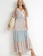 moni&co Rochie Fioletovo-Albastră Evazată Maxi cu elastic în talie și decolteu din dantelă Gerbera