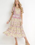 moni&co Rochie Galbenă Cloș Midi cu Elastic în Talie și Curea din Material Shagumi
