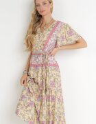 moni&co Rochie Galbenă Cloș Midi cu Elastic în Talie și Curea din Material Shagumi