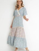 moni&co Rochie Maxi Albastru-mentă Evazată cu Elastic în Talie și Decolteu din Dantelă Gerbera