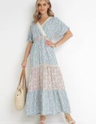 moni&co Rochie Maxi Albastru-mentă Evazată cu Elastic în Talie și Decolteu din Dantelă Gerbera