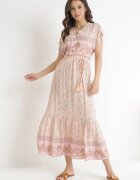 moni&co Rochie Maxi Roz deschis de bumbac cu elastic în talie și curea subțire cu ciucuri Kenadi