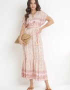moni&co Rochie Maxi Roz deschis de bumbac cu elastic în talie și curea subțire cu ciucuri Kenadi