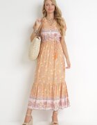 moni&co Rochie Portocaliu-Roz din Bumbac Maxi cu elastic în talie și curea subțire cu ciucuri Kenadi