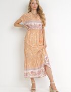 moni&co Rochie Portocaliu-Roz din Bumbac Maxi cu elastic în talie și curea subțire cu ciucuri Kenadi