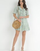 moni&co Rochie Verde din țesătură ajurată cu elastic în talie și volane Culissa