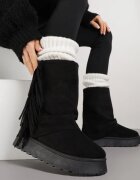 msmg Botine Negre Stil Cizme de Zăpadă cu Franjuri și Carâmb Imitând Crac de Pantaloni Sierafera