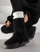 msmg Botine Negre Stil Cizme de Zăpadă cu Franjuri și Carâmb Imitând Crac de Pantaloni Sierafera