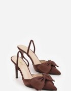 mulanka Pantofi stiletto maro de satin cu călcâiul deschis și fundă decorativă Argatea