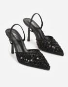 mulanka Pantofi stiletto negri cu călcâi descoperit și aplicații cu perle și paiete Senefera