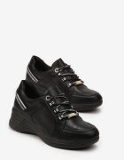  Negre Sneakers pe Pană Joasă cu Inscripții Decorative cu Branț din Piele Drilvia