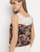  Negru-Bleumarin Top Viscoză cu Decolteu din Dantelă și Panglică cu Pomponi Kiorita