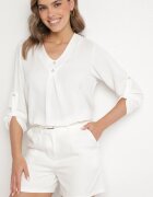 new collection Bluză Albă cu Croi Trapezoidal Decolteu în V și Mâneci cu Prindere Aslimi