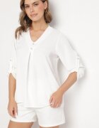 new collection Bluză Albă cu Croi Trapezoidal Decolteu în V și Mâneci cu Prindere Aslimi