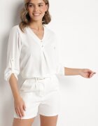 new collection Bluză Albă cu Croi Trapezoidal Decolteu în V și Mâneci cu Prindere Aslimi