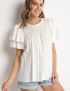 new collection Bluză Albă cu Vâscoză cu croială trapezoidală cu Volane și Inserție Elastică Dorlimi