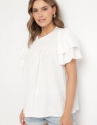 new collection Bluză Albă cu Vâscoză cu croială trapezoidală cu Volane și Inserție Elastică Dorlimi