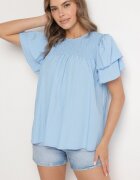 new collection Bluză Albastru deschis din Vâscoză croială Trapezoidală cu Volane și Inserție Elastică Dorlimi