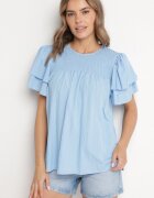new collection Bluză Albastru deschis din Vâscoză croială Trapezoidală cu Volane și Inserție Elastică Dorlimi