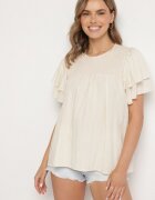 new collection Bluză Bej din Viscoză cu Croială Trapezoidală cu Volane și Inserție Elastică Dorlimi