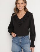 new collection Bluză Neagră cu Viscoză în Stil Rustic cu Volane Finlimi