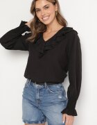new collection Bluză Neagră cu Viscoză în Stil Rustic cu Volane Finlimi