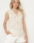 new collection Cămașă bej deschis fără mâneci din viscoză cu decolteu în V și volan Arlimi