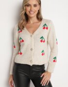 new collection Cardigan Bej cu Decolteu în V Decorat cu Model cu Cireșe Neliviel