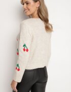 new collection Cardigan Bej cu Decolteu în V Decorat cu Model cu Cireșe Neliviel