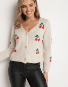 new collection Cardigan Bej cu Decolteu în V Decorat cu Model cu Cireșe Neliviel