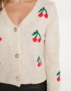 new collection Cardigan Bej cu Decolteu în V Decorat cu Model cu Cireșe Neliviel