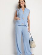 new collection Compleu Albastru Bluză fără mâneci Decorată cu broșe și Pantaloni largi Sadaniae